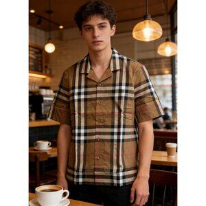 Burberry Men’s Elio Check Short Sleeve Shirt Taupe Brown M 8104201